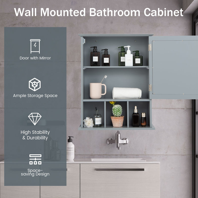 Wall Mounted and Mirrored Bathroom Cabinet-Gray