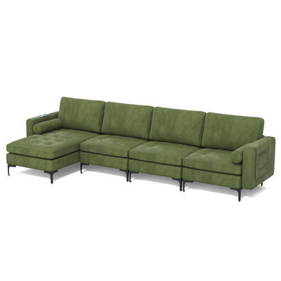 Modular 2-seat/3-Seat/4-Seat L-shaped Sectional Sofa Couch with Reversible Chaise and Socket USB Ports-4-Seat L-shaped-Army Green