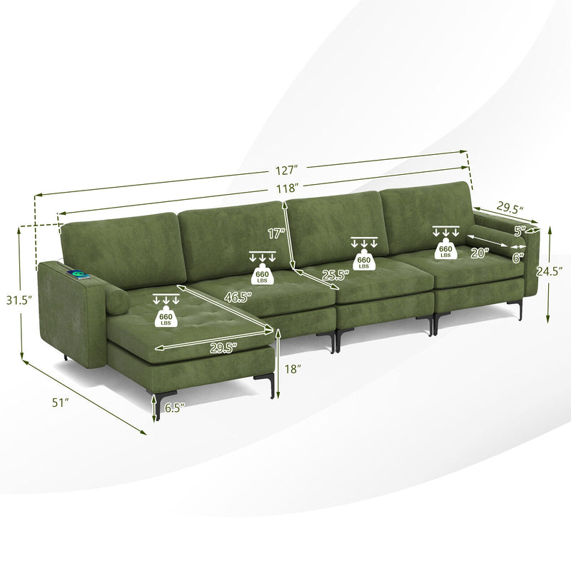 Modular 2-seat/3-Seat/4-Seat L-shaped Sectional Sofa Couch with Reversible Chaise and Socket USB Ports-4-Seat L-shaped-Army Green