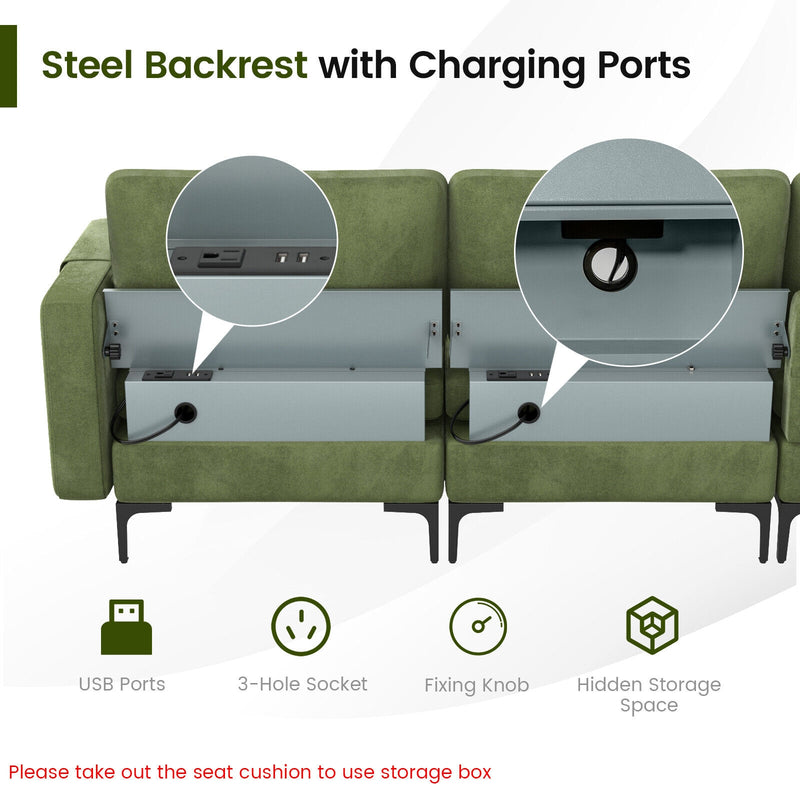 Modular 2-seat/3-Seat/4-Seat L-shaped Sectional Sofa Couch with Reversible Chaise and Socket USB Ports-4-Seat L-shaped-Army Green