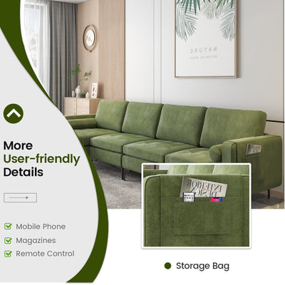 Modular 2-seat/3-Seat/4-Seat L-shaped Sectional Sofa Couch with Reversible Chaise and Socket USB Ports-4-Seat L-shaped-Army Green