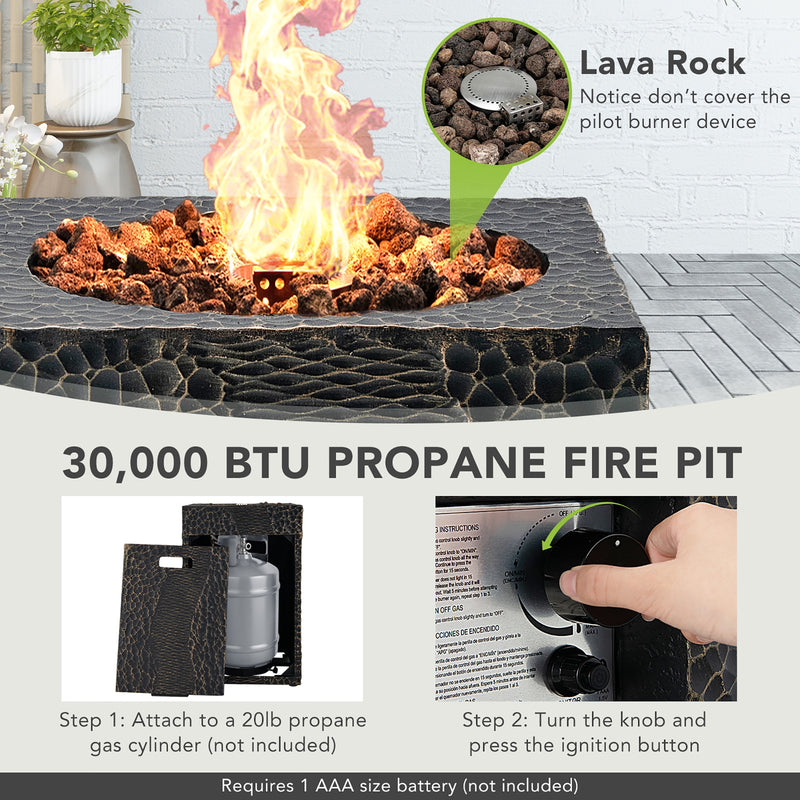 Square Outdoor Propane Fire Pit with Lava Rocks Waterproof Cover 30000 BTU