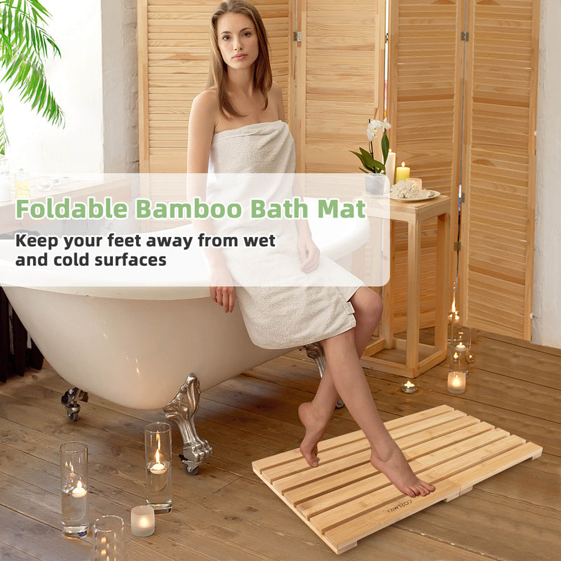 Bamboo Bath Mat with Non-slip Pads and Slatted Design-Natural