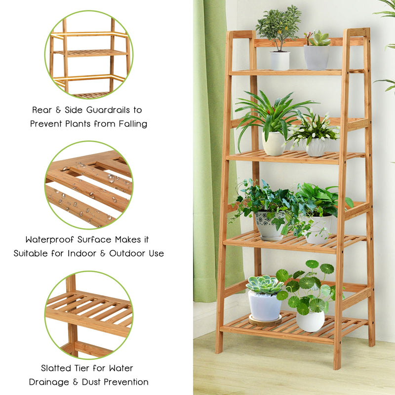 4-Tier Bamboo Plant Rack with Guardrails Stable and Space-Saving-Natural