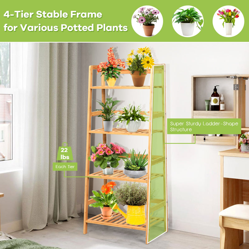 4-Tier Bamboo Plant Rack with Guardrails Stable and Space-Saving-Natural