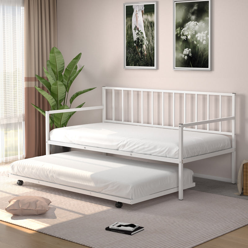 Twin Metal Daybed Sofa Bed Set with Roll Out Trundle-White