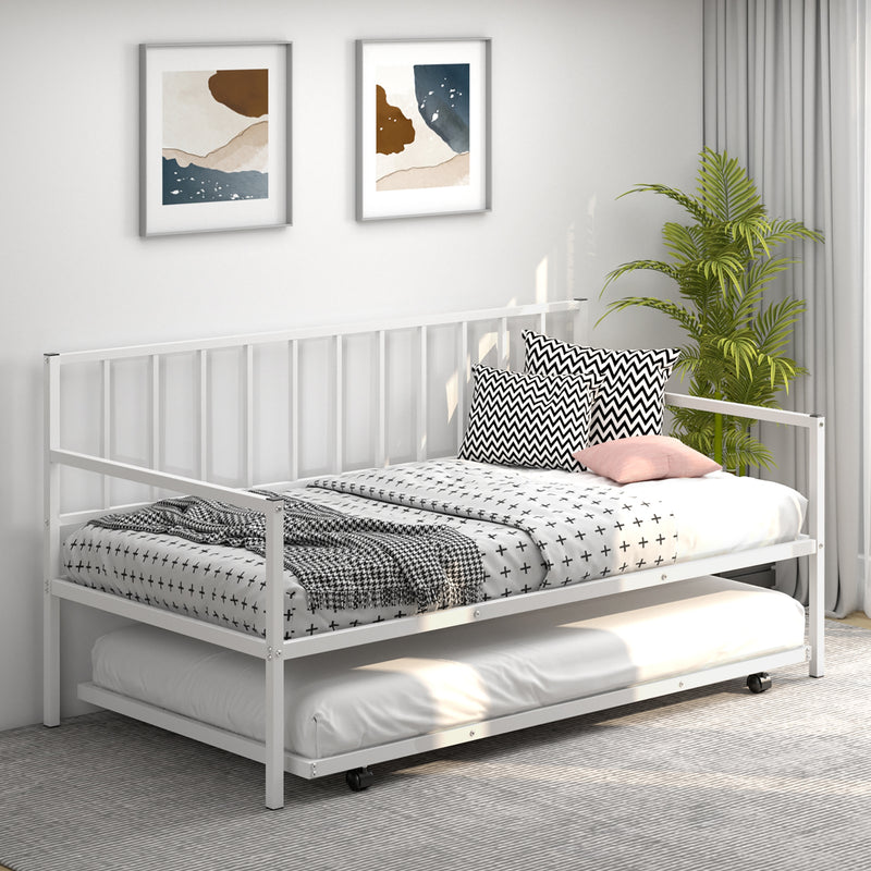 Twin Metal Daybed Sofa Bed Set with Roll Out Trundle-White