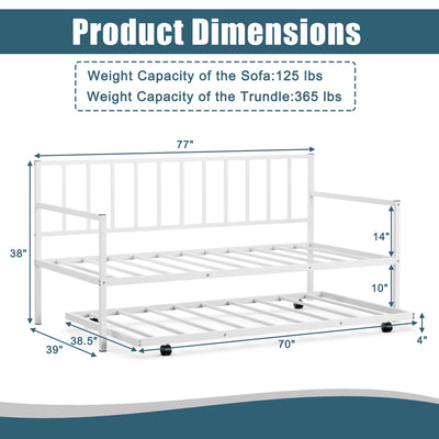 Twin Metal Daybed Sofa Bed Set with Roll Out Trundle-White