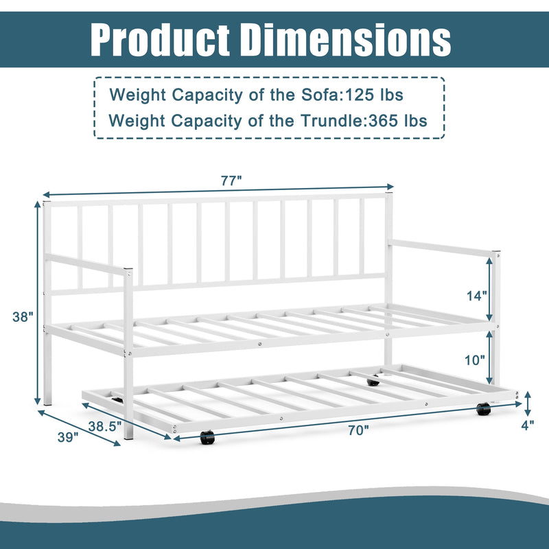 Twin Metal Daybed Sofa Bed Set with Roll Out Trundle-White