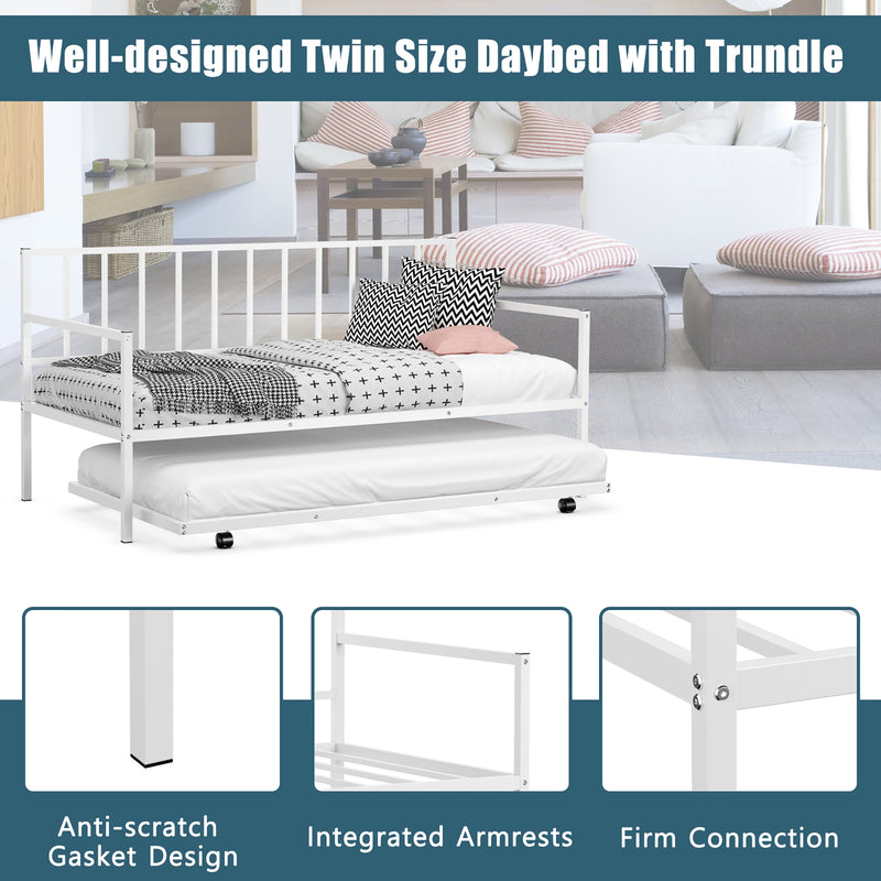 Twin Metal Daybed Sofa Bed Set with Roll Out Trundle-White