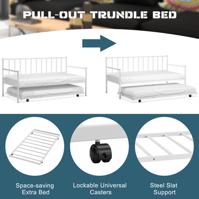 Twin Metal Daybed Sofa Bed Set with Roll Out Trundle-White