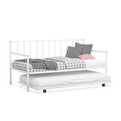 Twin Metal Daybed Sofa Bed Set with Roll Out Trundle-White