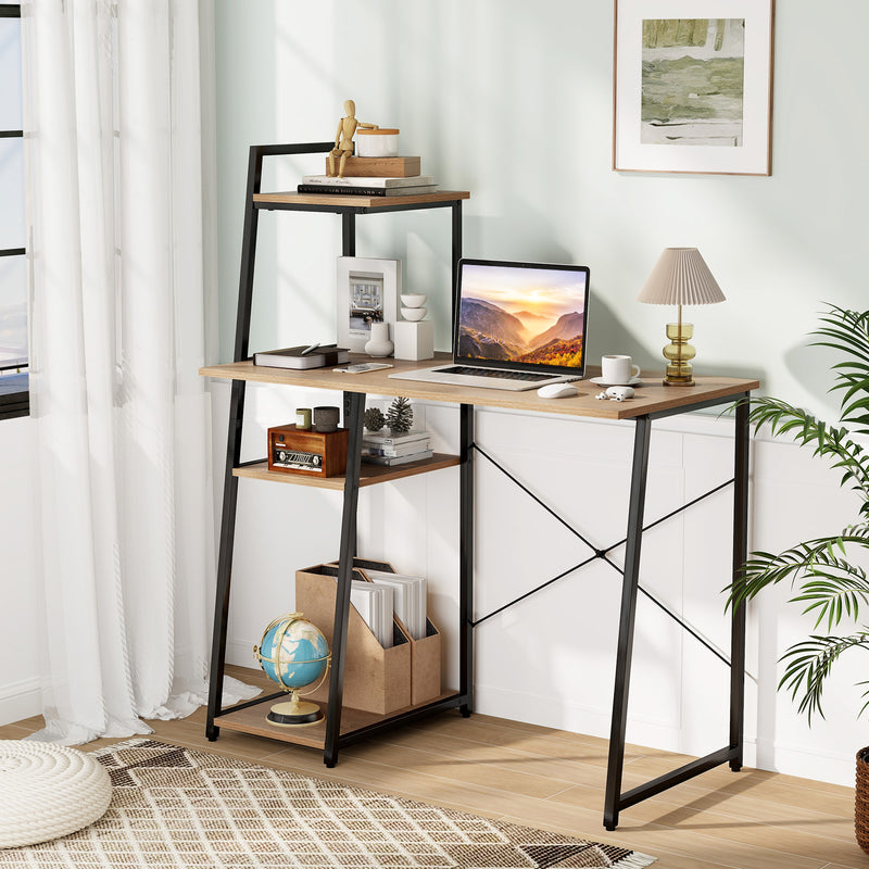 Compact Computer Desk Workstation with 4 Tier Shelves for Home and Office-Natural