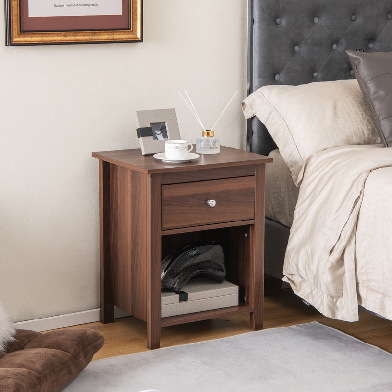 Wooden Nightstand with Slide-out Drawer and Open Shelf-Walnut