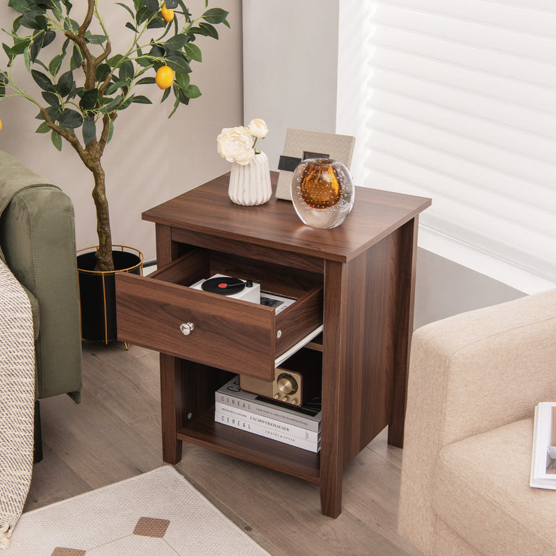 Wooden Nightstand with Slide-out Drawer and Open Shelf-Walnut