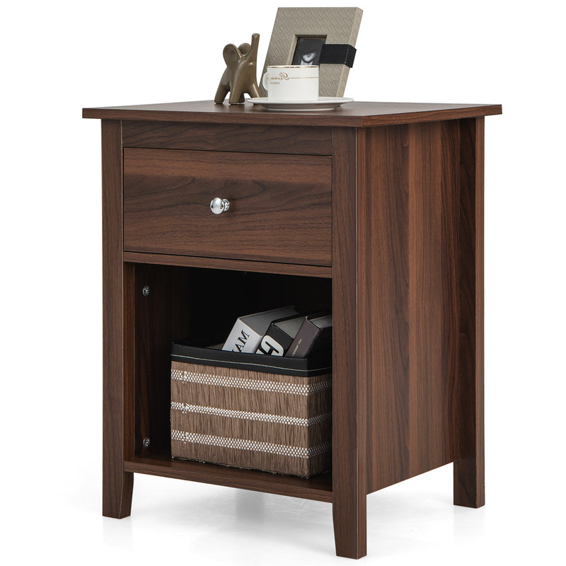 Wooden Nightstand with Slide-out Drawer and Open Shelf-Walnut