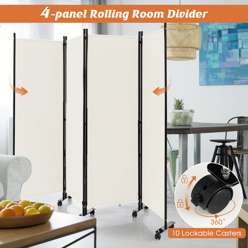 4-Panel Folding Room Divider 6 Feet Rolling Privacy Screen with Lockable Wheels-White