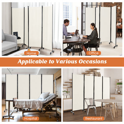 4-Panel Folding Room Divider 6 Feet Rolling Privacy Screen with Lockable Wheels-White