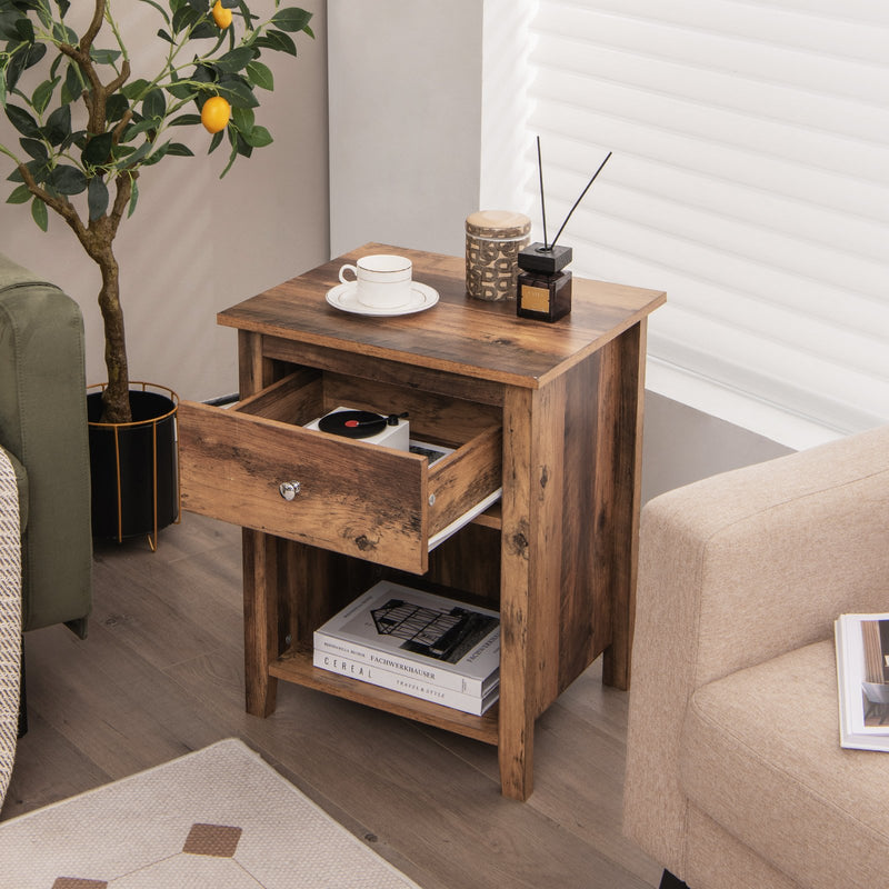 Wooden Nightstand with Slide-out Drawer and Open Shelf-Rustic Brown