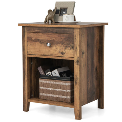 Wooden Nightstand with Slide-out Drawer and Open Shelf-Rustic Brown