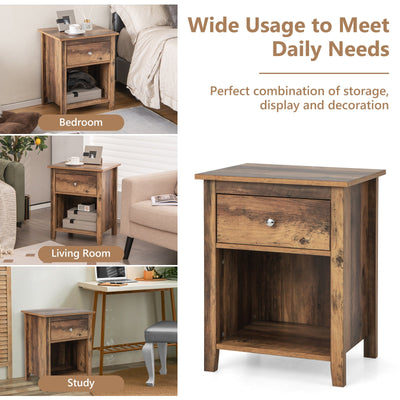 Wooden Nightstand with Slide-out Drawer and Open Shelf-Rustic Brown