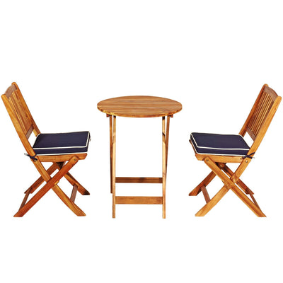 3 Pieces Patio Folding Wooden Bistro Set Cushioned Chair-Navy