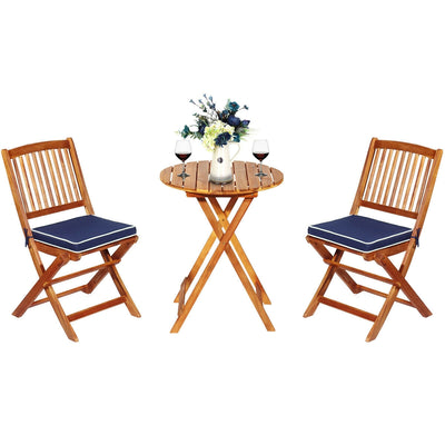 3 Pieces Patio Folding Wooden Bistro Set Cushioned Chair-Navy