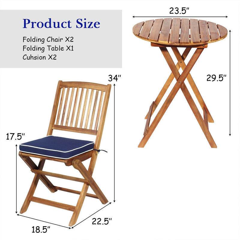 3 Pieces Patio Folding Wooden Bistro Set Cushioned Chair-Navy