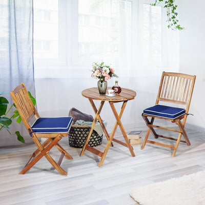 3 Pieces Patio Folding Wooden Bistro Set Cushioned Chair-Navy