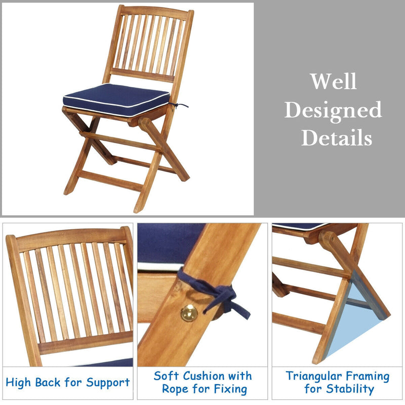 3 Pieces Patio Folding Wooden Bistro Set Cushioned Chair-Navy