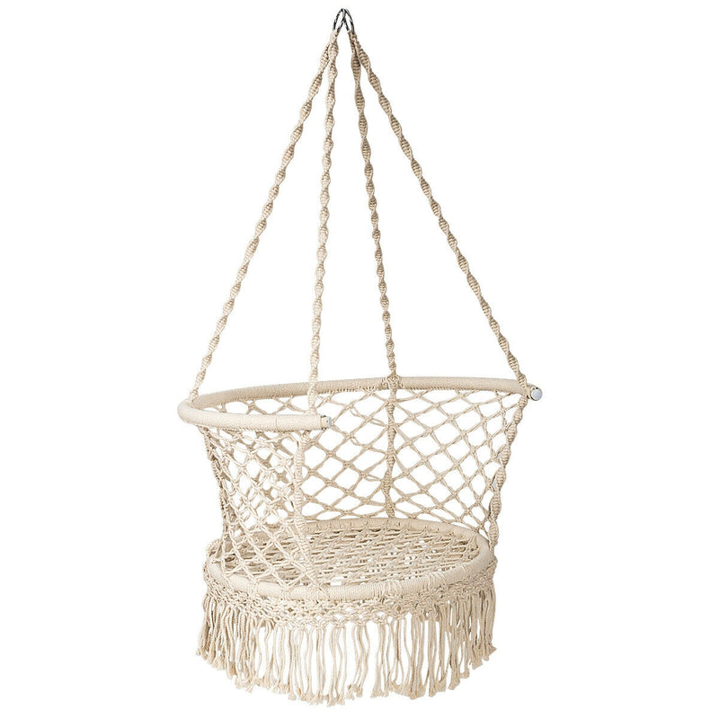 Hanging Hammock Chair Macrame Swing Hand Woven Cotton Backrest-Beige