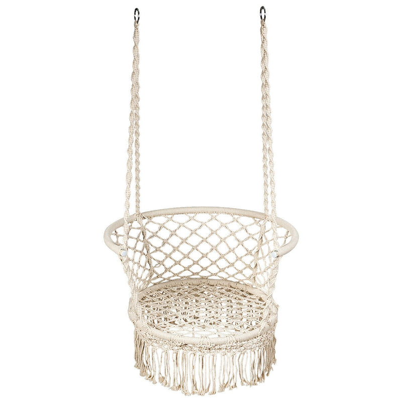 Hanging Hammock Chair Macrame Swing Hand Woven Cotton Backrest-Beige