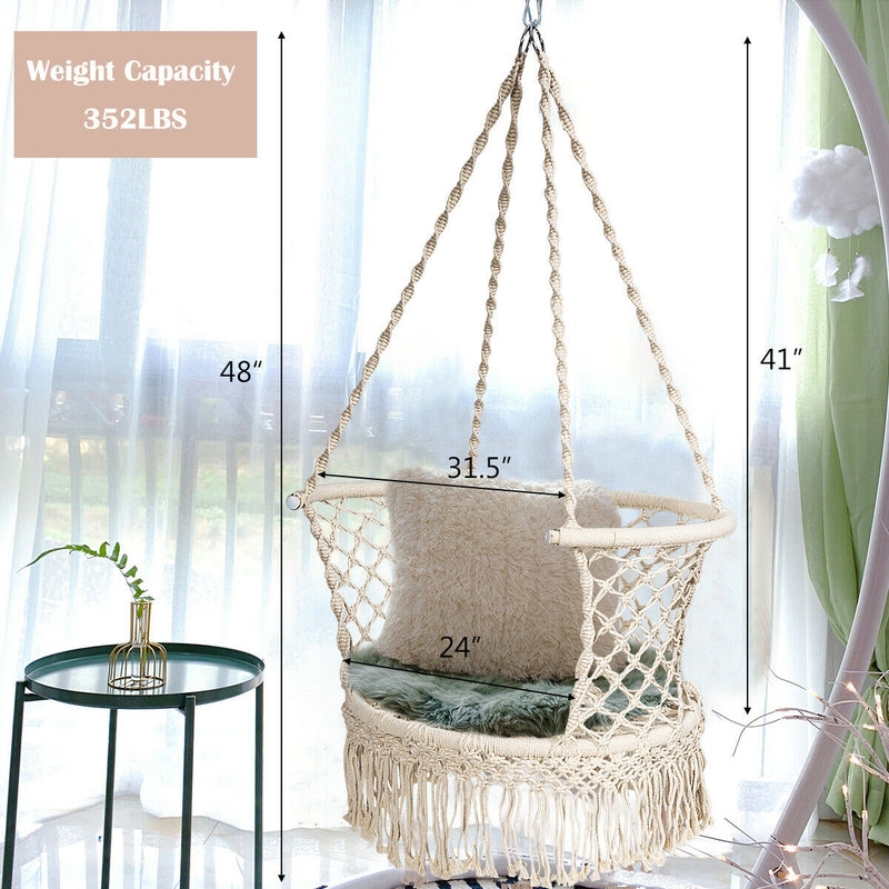 Hanging Hammock Chair Macrame Swing Hand Woven Cotton Backrest-Beige