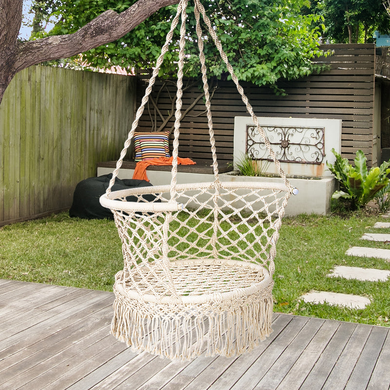 Hanging Hammock Chair Macrame Swing Hand Woven Cotton Backrest-Beige