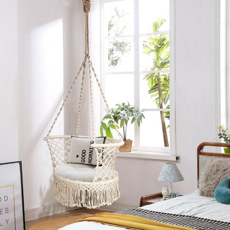 Hanging Hammock Chair Macrame Swing Hand Woven Cotton Backrest-Beige