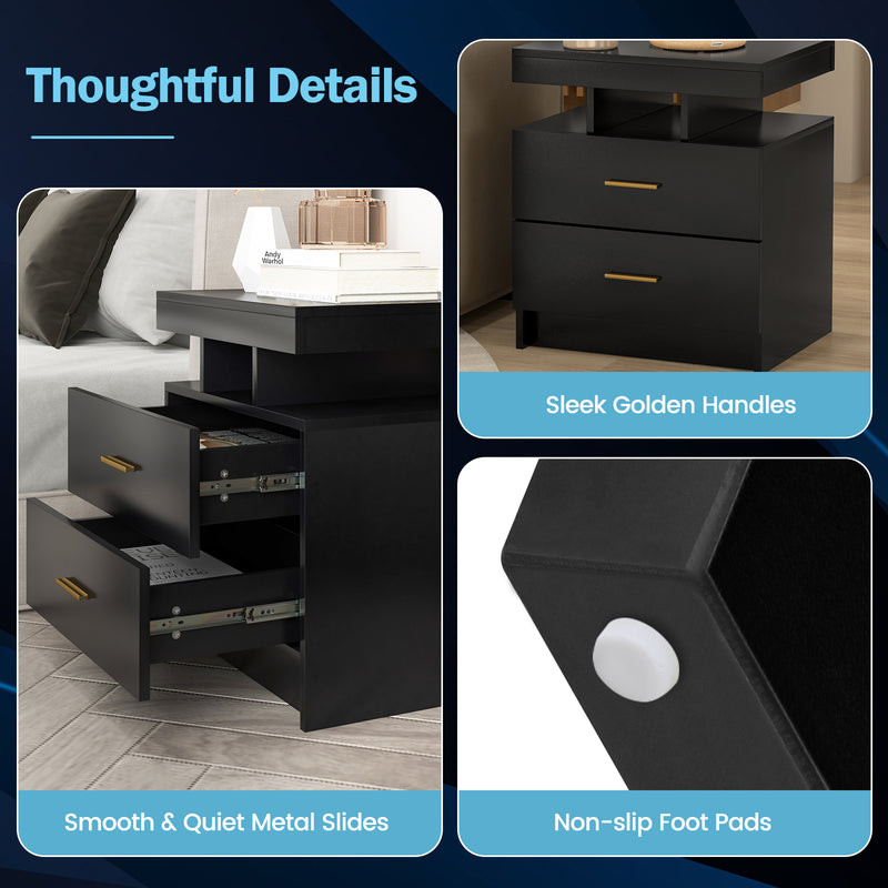 LED Nightstand with 2 Storage Drawers for Bedroom-Black