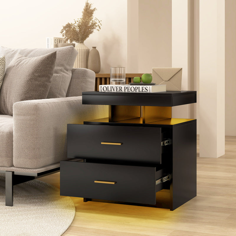 LED Nightstand with 2 Storage Drawers for Bedroom-Black