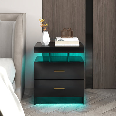 LED Nightstand with 2 Storage Drawers for Bedroom-Black