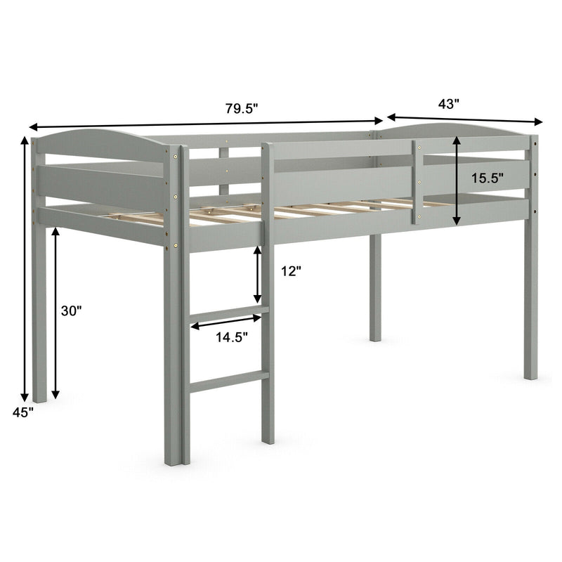 Wooden Twin Low Loft Bunk Bed with Guard Rail and Ladder-Gray