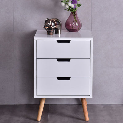 White Wood Side End Table Nightstand W/3 Drawers Mid-Century Accent