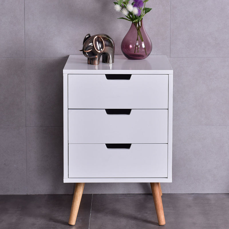 White Wood Side End Table Nightstand W/3 Drawers Mid-Century Accent