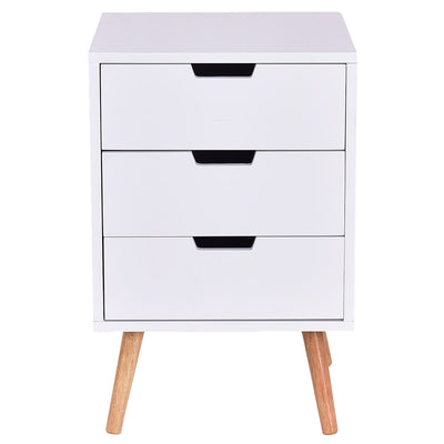 White Wood Side End Table Nightstand W/3 Drawers Mid-Century Accent