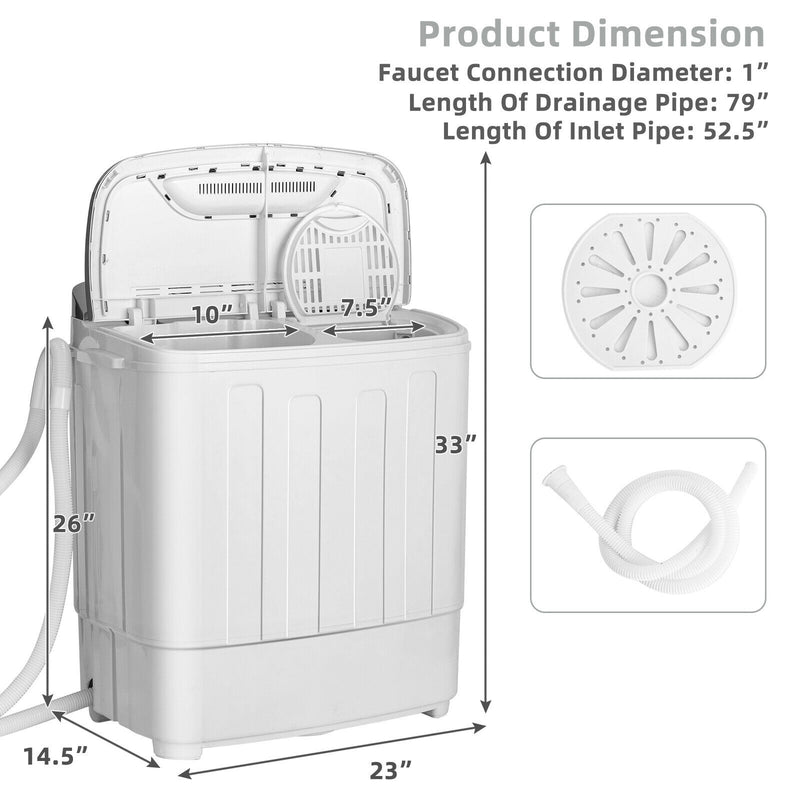 Portable 8 lbs Mini Twin Tub Spinner Semi-Automatic Washing Machine-Gray