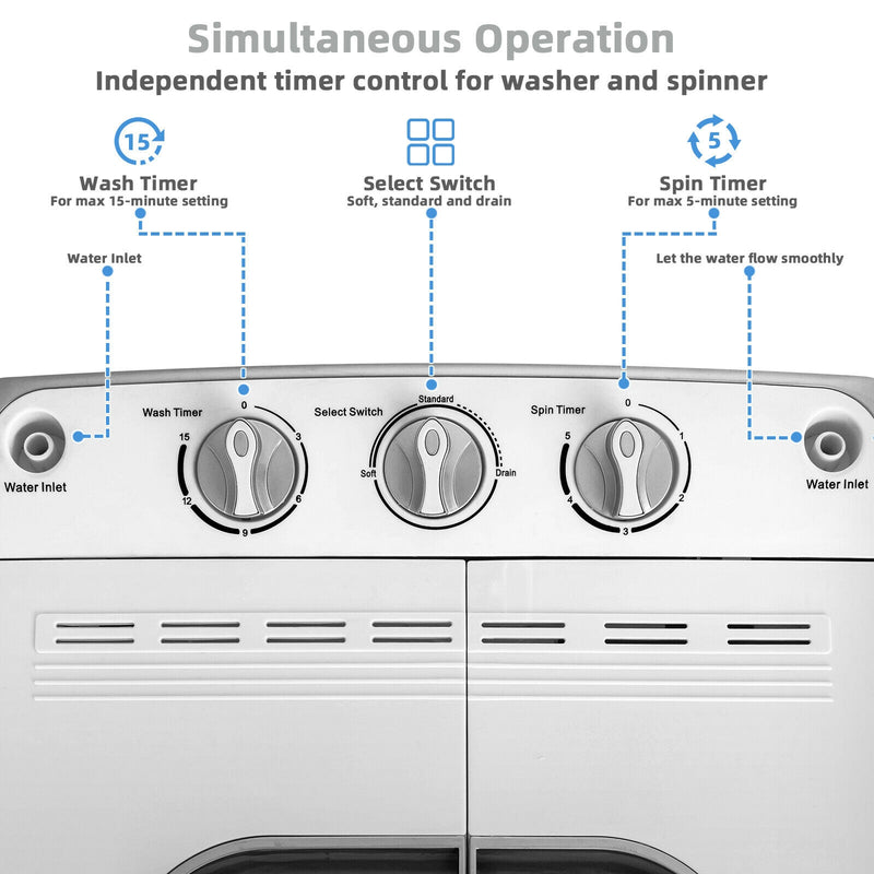 Portable 8 lbs Mini Twin Tub Spinner Semi-Automatic Washing Machine-Gray