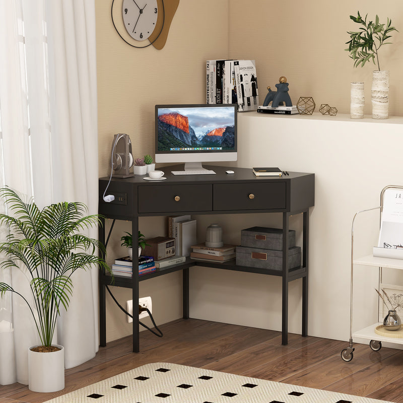 Triangle Corner Desk with Charging Station with 2 Drawers and Storage Shelf-Black