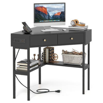 Triangle Corner Desk with Charging Station with 2 Drawers and Storage Shelf-Black