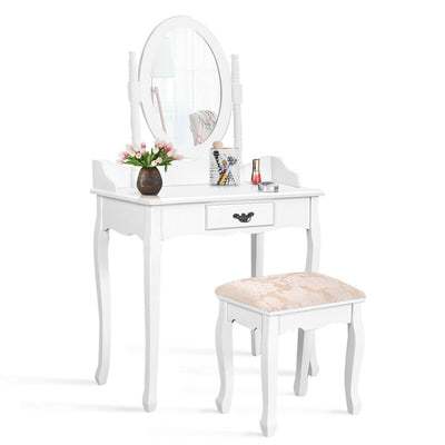 Wooden Vanity Makeup Set with Cushioned Stool and Oval Rotating Mirror-White