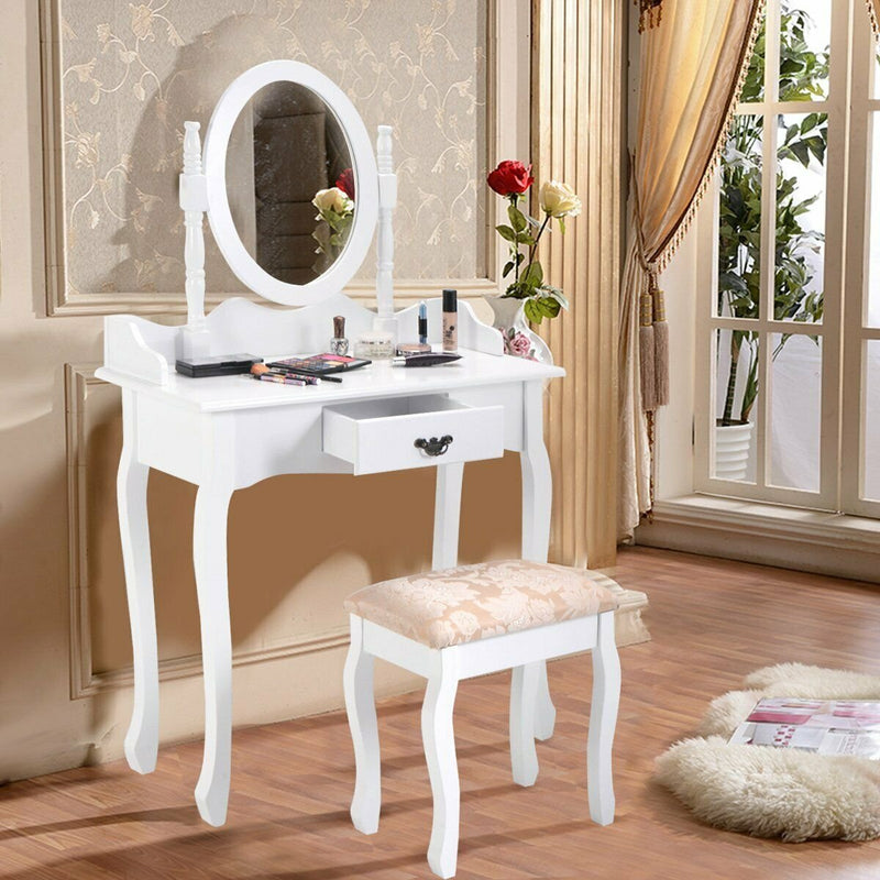 Wooden Vanity Makeup Set with Cushioned Stool and Oval Rotating Mirror-White