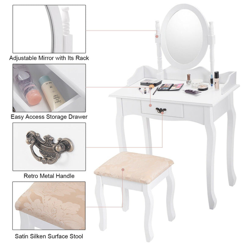 Wooden Vanity Makeup Set with Cushioned Stool and Oval Rotating Mirror-White