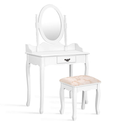 Wooden Vanity Makeup Set with Cushioned Stool and Oval Rotating Mirror-White